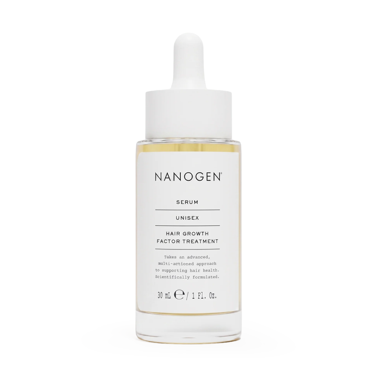 NANOGEN Serum Hair Growth Factor Treatment in a clear glass bottle with a white dropper cap 