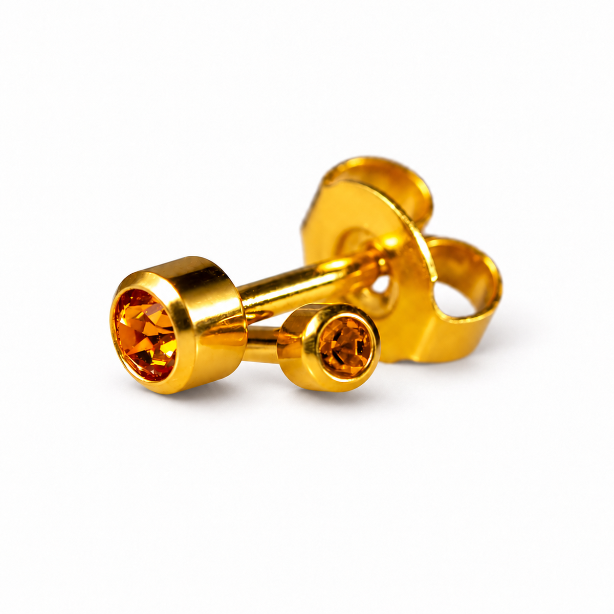 Caflon Mini Topaz 3mm stud earrings with orange stone, gold plated